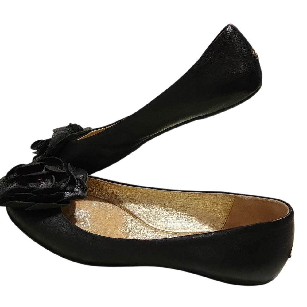 JIMMY CHOO Black Ballet Flats With Flower Size 37.5 EU , Logo Back Of Heel